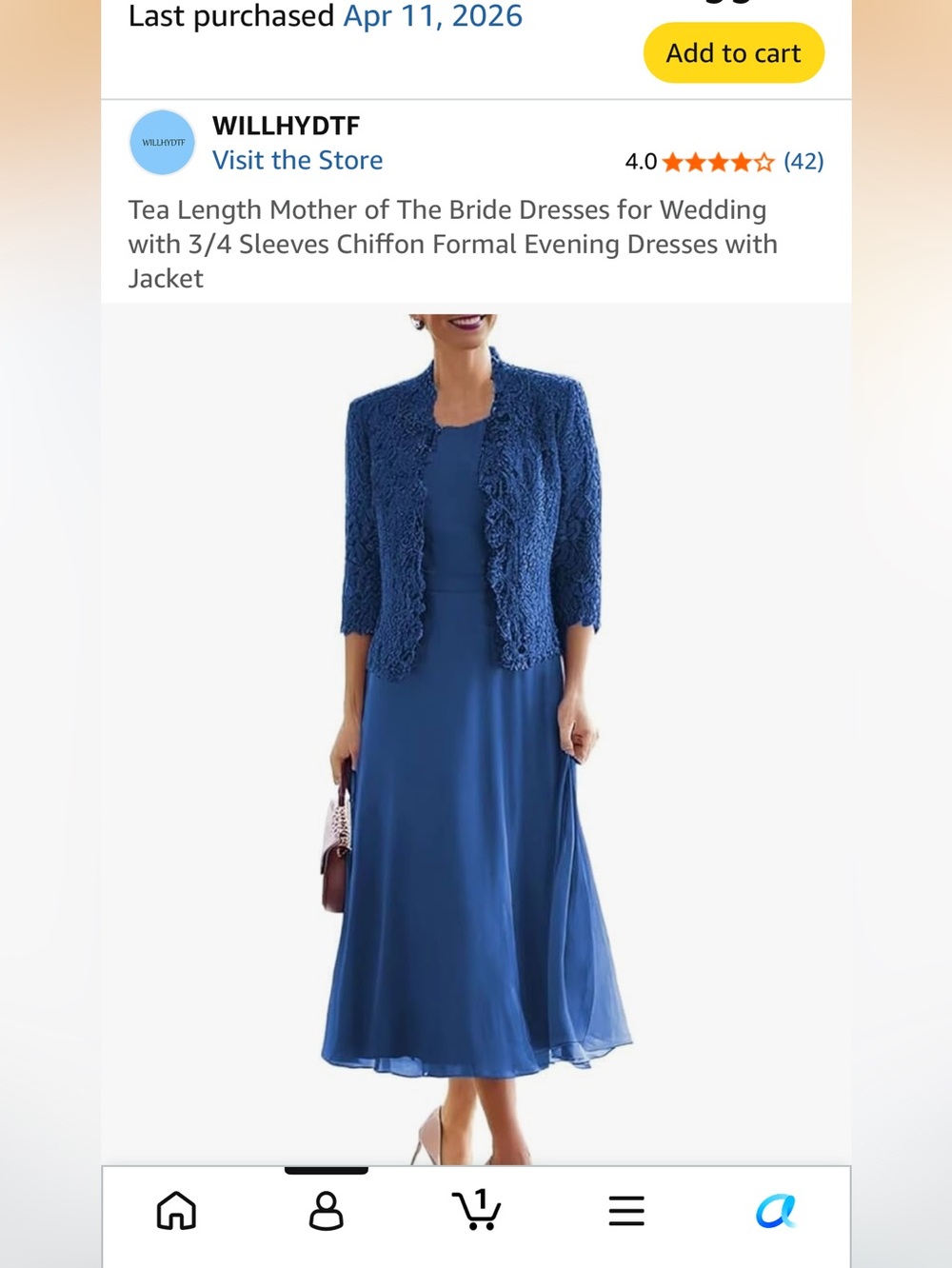 Blue Tea-Length Chiffon Mother-of-the-Bride Dress with Jacket